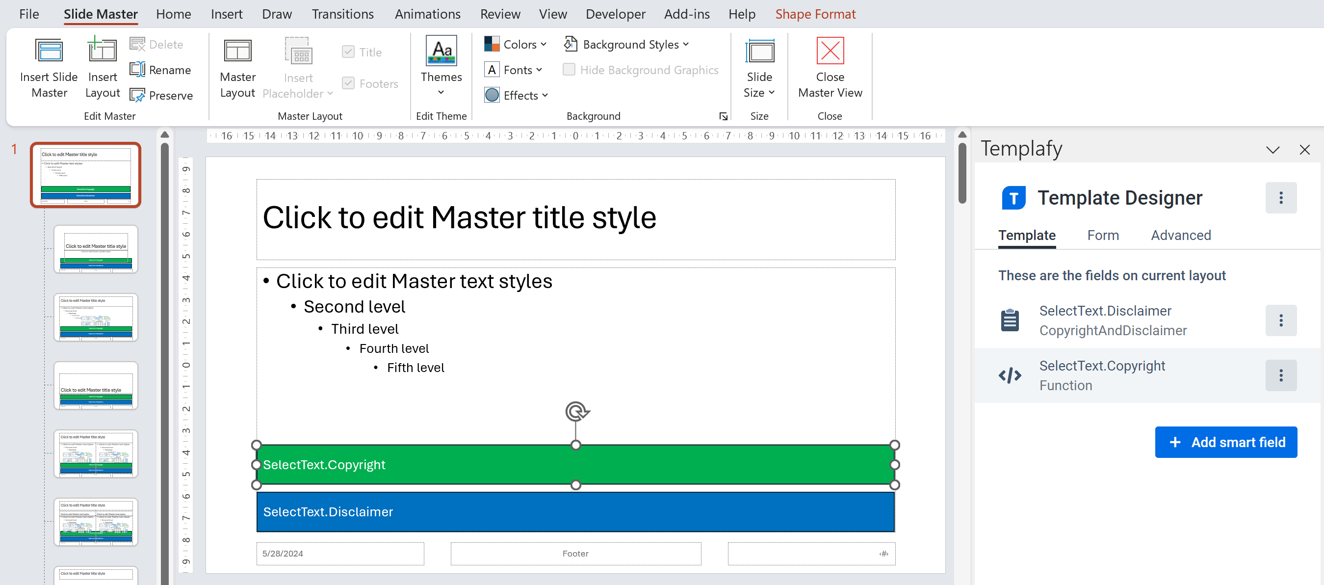 How to show copyright and disclaimer text in the document language set ...