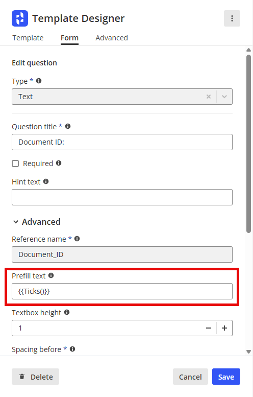 Ticks prefill text template designer.png