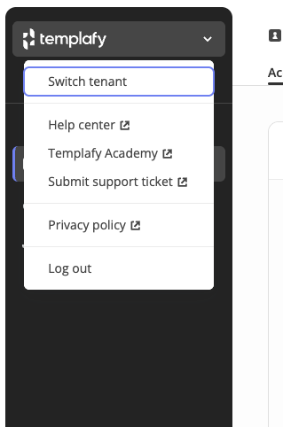 Quick access menu opened from the Templafy logo in the Admin Center